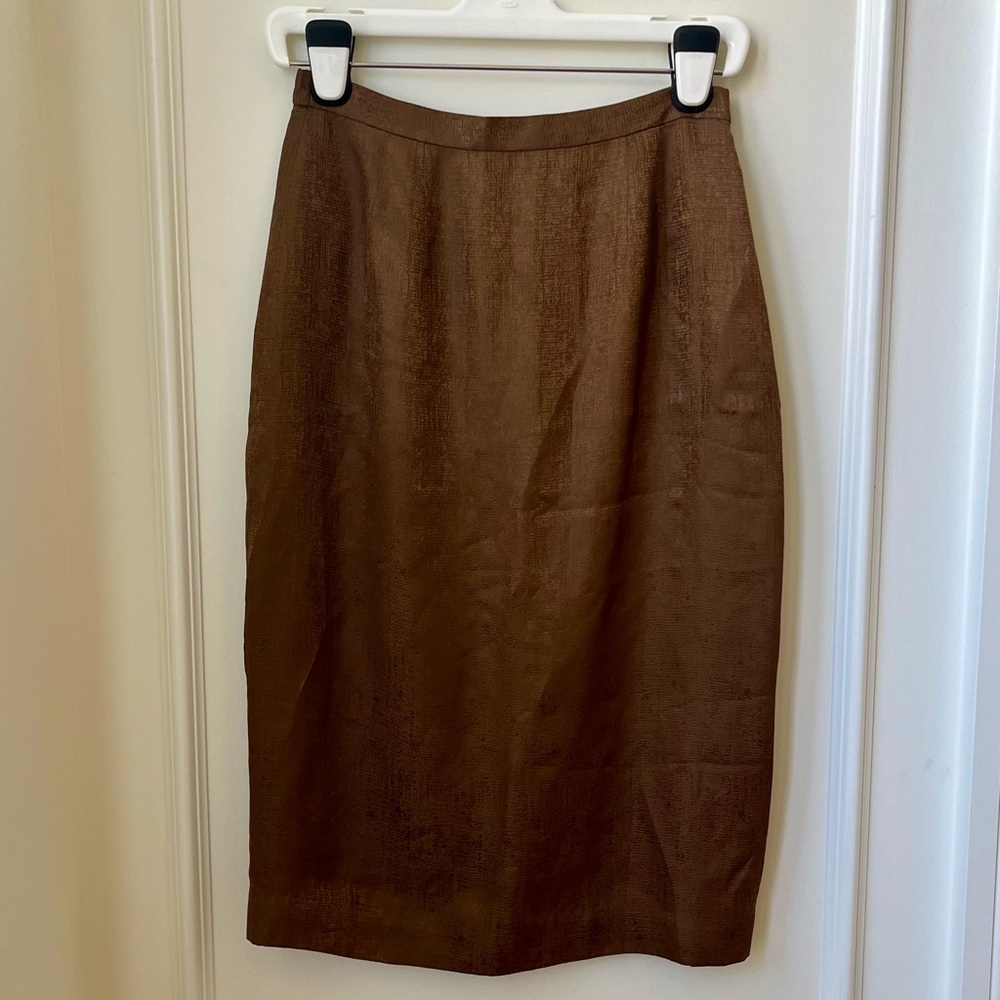 1990s Chocolate Brown Vintage 100% Silk Y2K Pencil A-Line Skirt Women’s Size 6